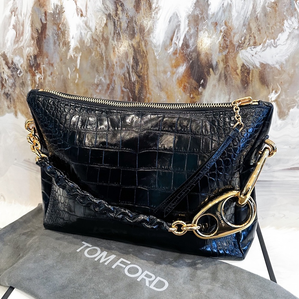 IN STORES  $5200 Tom Ford Black Croc Embossed Leather Carine Large Hobo Bag